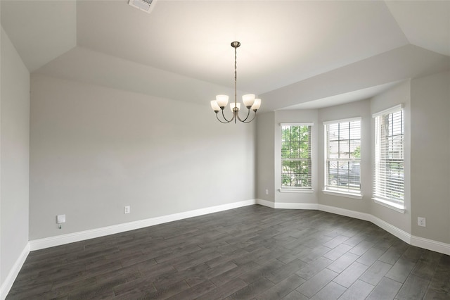 4142 Perch Dr, Forney, TX 75126 - unfurnished room featuring dark wood-style floors, a chandelier, baseboards, and lofted ceiling