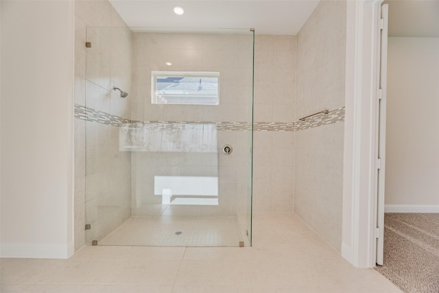 7107 Manhattan Dr, Rowlett, TX 75088 - bathroom with a stall shower, baseboards, recessed lighting, and tile patterned floors