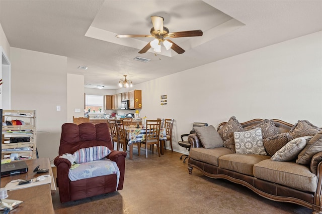 295 Lindsey Ln, Stephenville, TX 76401 - living room with a ceiling fan, light carpet, a chandelier, baseboards, and a raised ceiling