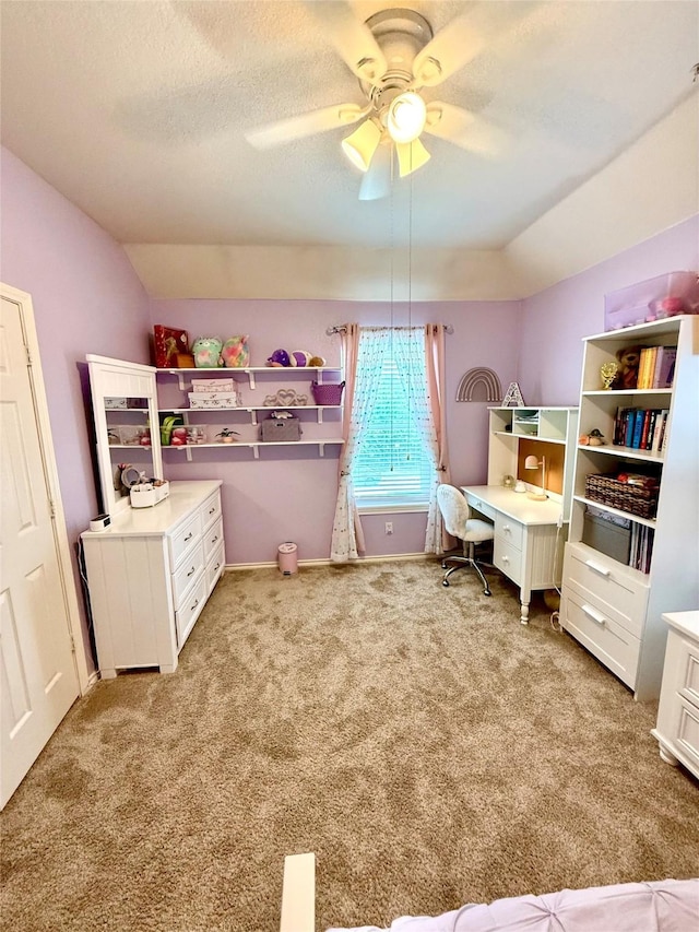 708 W Lonesome Dove Trl, Arlington, TX 76001 - carpeted bedroom featuring vaulted ceiling, a ceiling fan, baseboards, and a textured ceiling