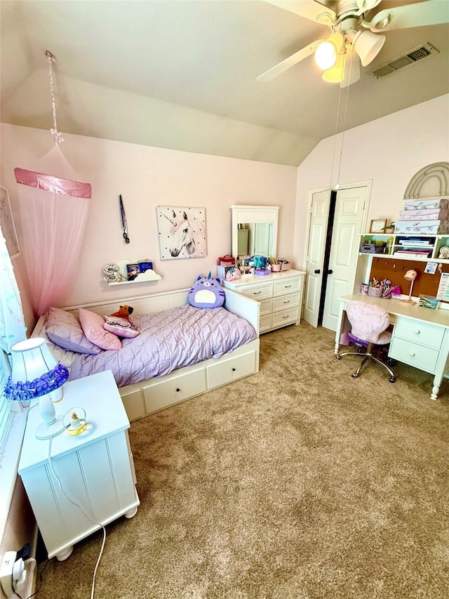 708 W Lonesome Dove Trl, Arlington, TX 76001 - carpeted bedroom with vaulted ceiling and ceiling fan