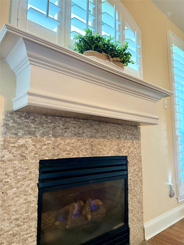 708 W Lonesome Dove Trl, Arlington, TX 76001 - detailed view of a glass covered fireplace, baseboards, and wood finished floors