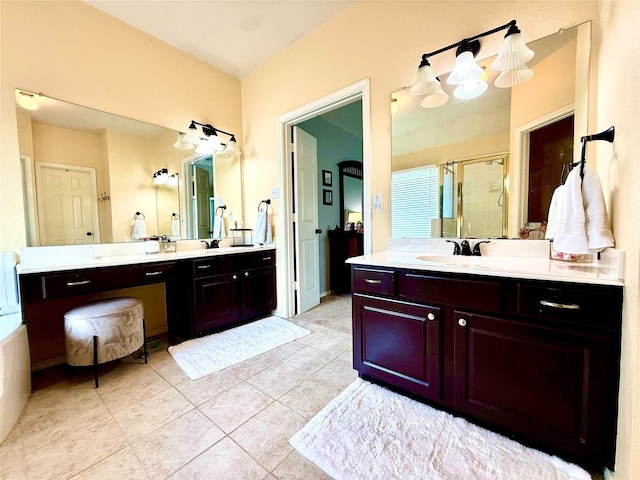 708 W Lonesome Dove Trl, Arlington, TX 76001 - full bath featuring a shower stall, two vanities, and tile patterned flooring
