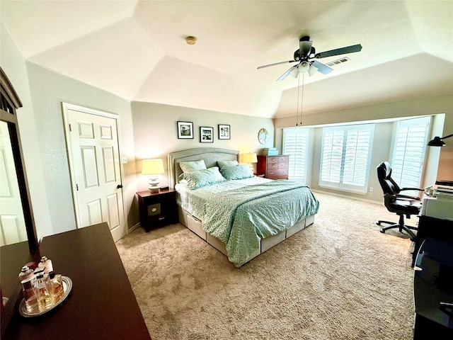 708 W Lonesome Dove Trl, Arlington, TX 76001 - bedroom with light carpet, a desk, vaulted ceiling, and a ceiling fan
