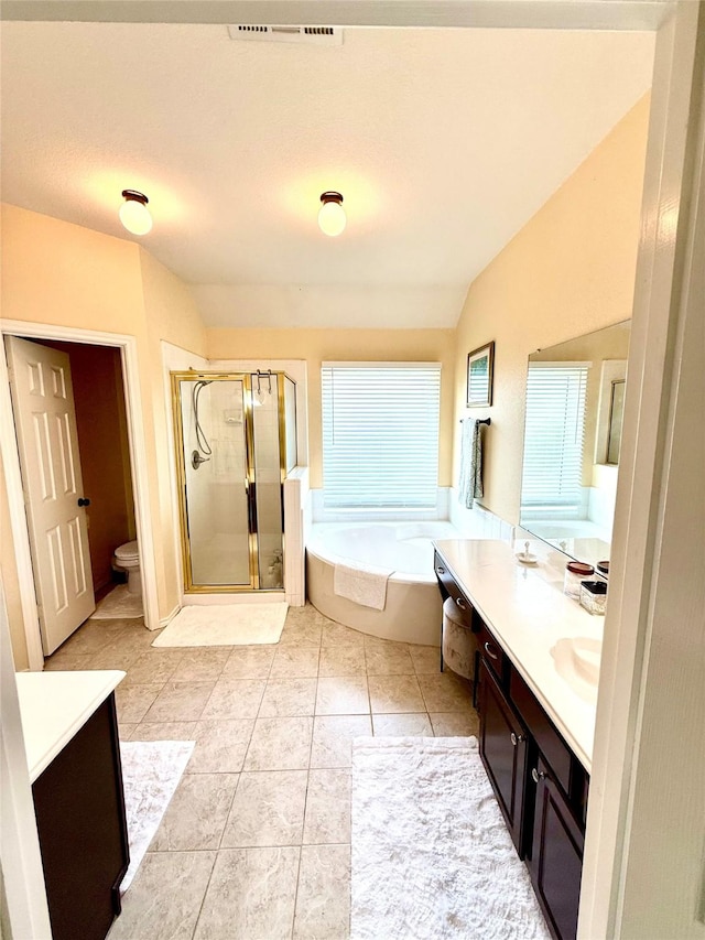 708 W Lonesome Dove Trl, Arlington, TX 76001 - full bathroom with a bath, lofted ceiling, toilet, vanity, and a stall shower