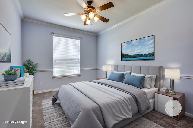 851 Sibyl Ln, Prosper, TX 75078 - bedroom featuring carpet flooring, baseboards, ornamental molding, and ceiling fan