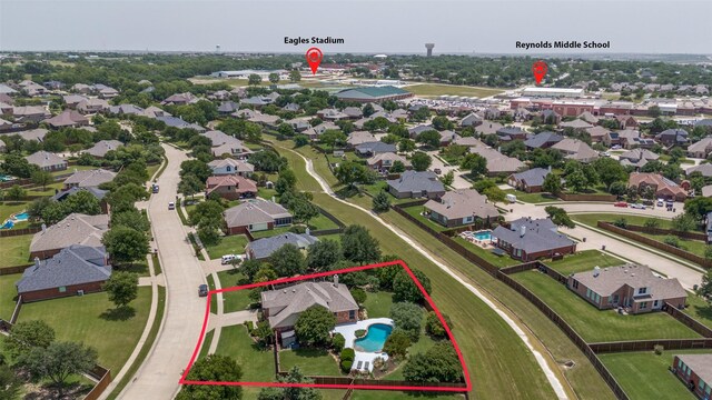 851 Sibyl Ln, Prosper, TX 75078 - aerial perspective of suburban area featuring property boundaries highlighted and a pool