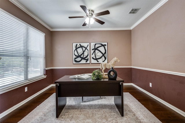 851 Sibyl Ln, Prosper, TX 75078 - office space featuring wood finished floors, ceiling fan, baseboards, and ornamental molding