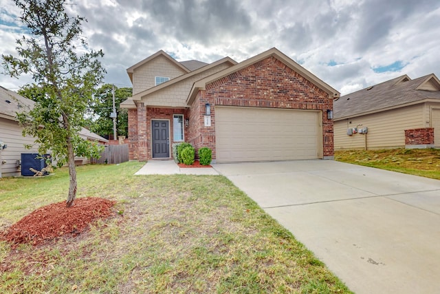 7448 Crossfire Trl, Fort Worth, TX 76112 - view of front of house featuring brick siding, an attached garage, a front lawn, concrete driveway, and central air condition unit