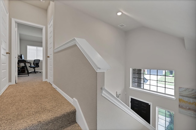 3935 Chesapeake Ln, Crandall, TX 75114 - staircase with carpet floors and lofted ceiling