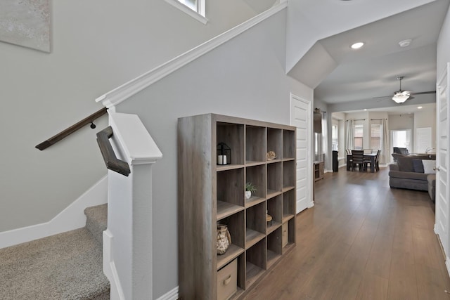 3935 Chesapeake Ln, Crandall, TX 75114 - stairs featuring a ceiling fan, recessed lighting, and wood finished floors