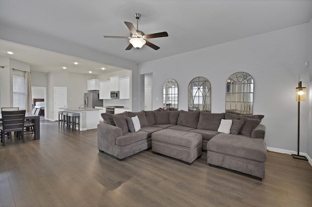 3935 Chesapeake Ln, Crandall, TX 75114 - living area with dark wood finished floors, ceiling fan, recessed lighting, healthy amount of natural light, and baseboards