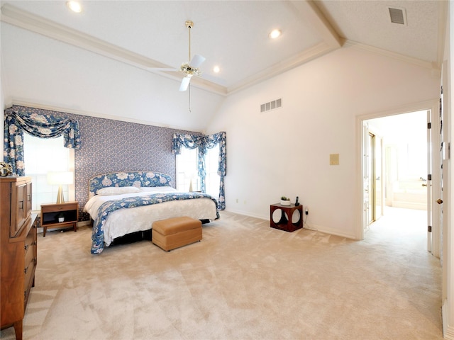 4541 Salerno Cir, Plano, TX 75093 - bedroom with multiple windows, light colored carpet, baseboards, recessed lighting, and high vaulted ceiling