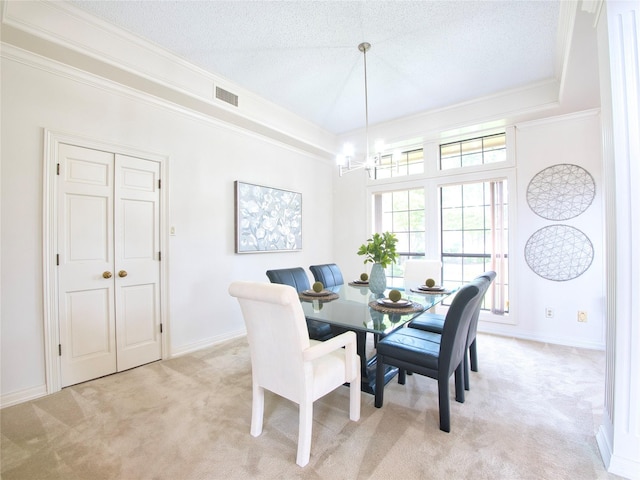 4541 Salerno Cir, Plano, TX 75093 - dining room featuring light carpet, crown molding, a textured ceiling, a chandelier, and baseboards