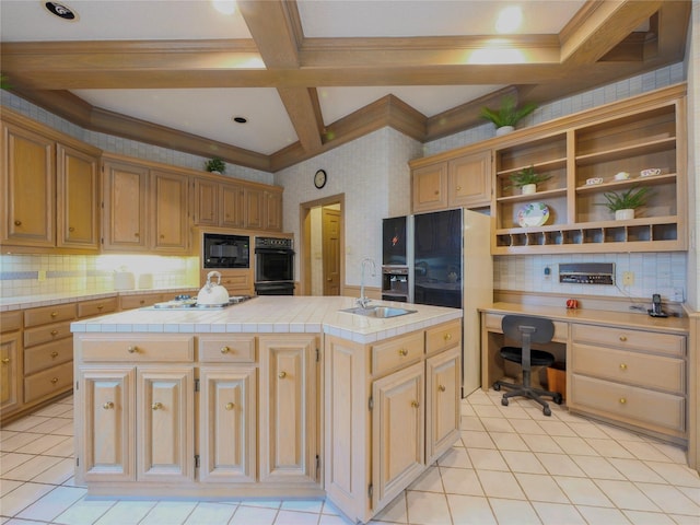 4541 Salerno Cir, Plano, TX 75093 - kitchen featuring a sink, open shelves, black appliances, a center island with sink, and backsplash