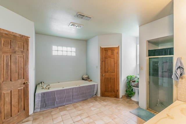 109 Honeysuckle, Paradise, TX 76073 - full bathroom with a bath, toilet, a shower stall, and tile patterned floors