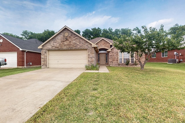 232 Cotton Wood Ct, Rockwall, TX 75032 - ranch-style house with a garage, central air condition unit, concrete driveway, and brick siding