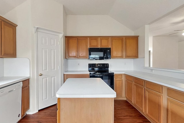 232 Cotton Wood Ct, Rockwall, TX 75032 - kitchen with black appliances, vaulted ceiling, dark wood-style floors, ceiling fan, and light countertops