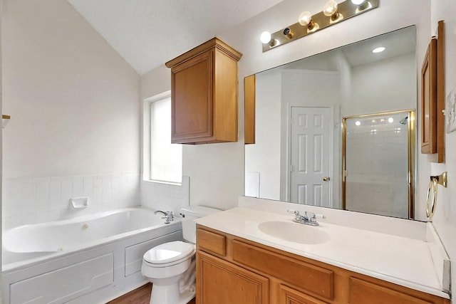 232 Cotton Wood Ct, Rockwall, TX 75032 - bathroom with a garden tub, a shower stall, lofted ceiling, toilet, and vanity