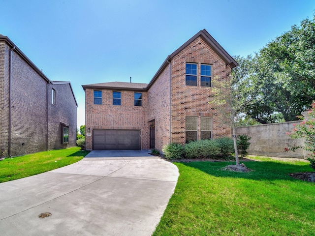 240 Harper St, Irving, TX 75063 - traditional-style home with brick siding, concrete driveway, a front lawn, and a garage