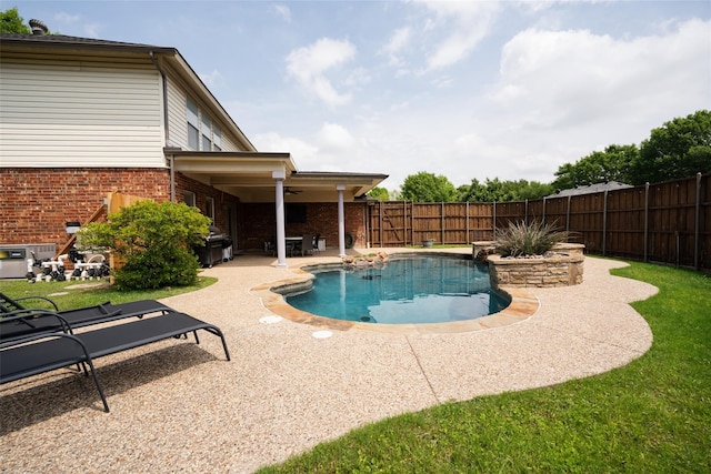 6318 White Oaks Ln, Frisco, TX 75035 - view of pool featuring ceiling fan, a fenced backyard, a patio area, and grilling area