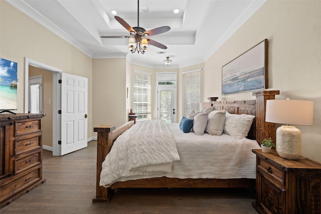 710 Eagles Landing Blvd, Oak Point, TX 75068 - bedroom with a tray ceiling, dark wood-type flooring, ornamental molding, access to exterior, and a ceiling fan