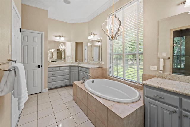710 Eagles Landing Blvd, Oak Point, TX 75068 - bathroom featuring a garden tub, tile patterned flooring, a chandelier, ornamental molding, and vanity