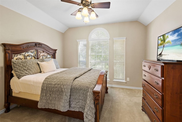 710 Eagles Landing Blvd, Oak Point, TX 75068 - bedroom with vaulted ceiling, light colored carpet, baseboards, and a ceiling fan
