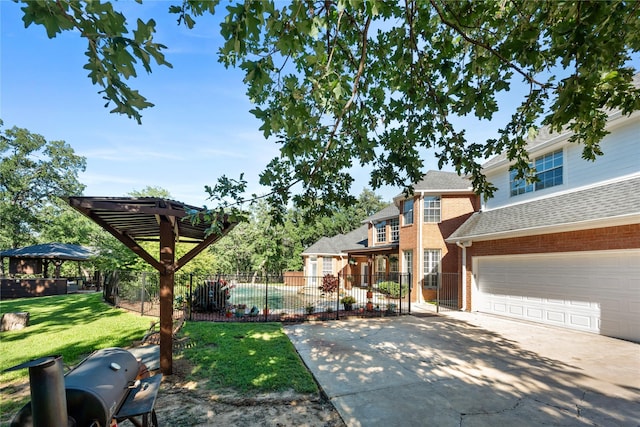 710 Eagles Landing Blvd, Oak Point, TX 75068 - view of front of home featuring brick siding, a garage, concrete driveway, roof with shingles, and a gazebo