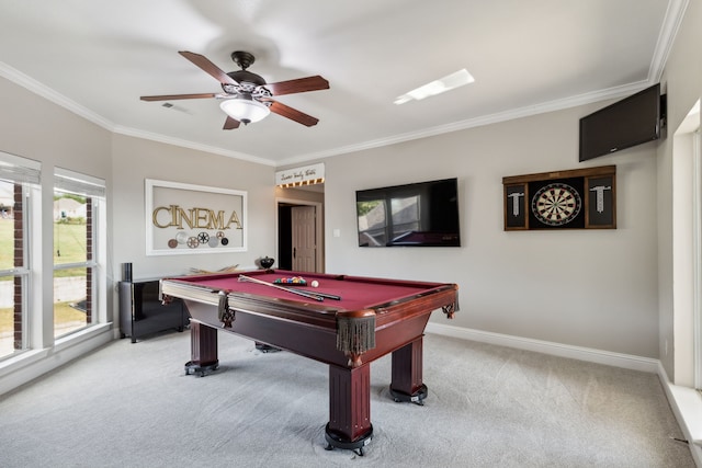 121 Lafayette Lndg, Heath, TX 75032 - game room with light colored carpet, ornamental molding, pool table, a ceiling fan, and baseboards