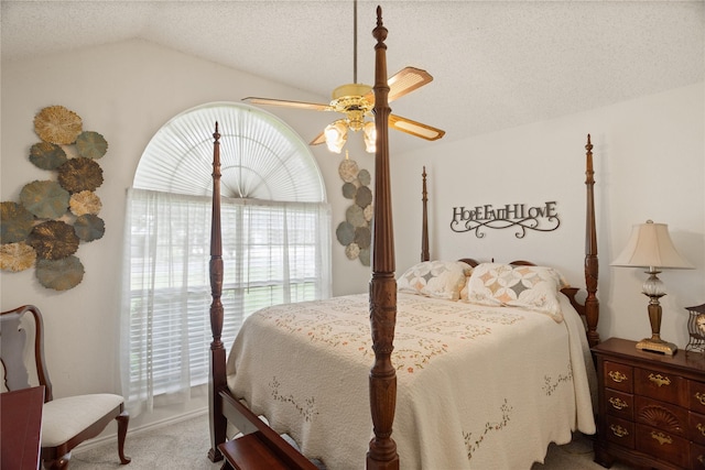 5132 Wedgefield Rd, Granbury, TX 76049 - carpeted bedroom with vaulted ceiling, a ceiling fan, and a textured ceiling