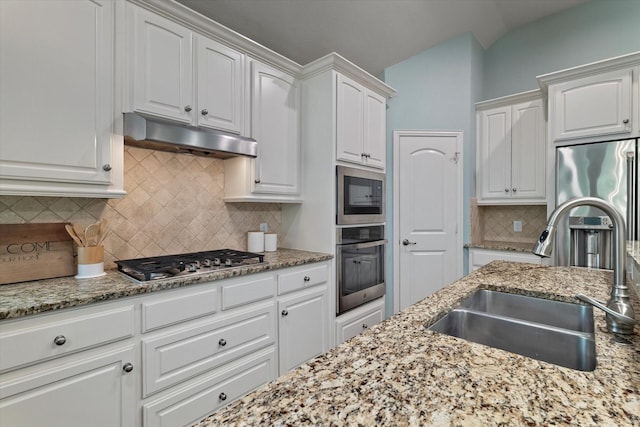 413 Sloan Creek Pkwy, Fairview, TX 75069 - kitchen with a sink, stainless steel appliances, under cabinet range hood, tasteful backsplash, and white cabinets