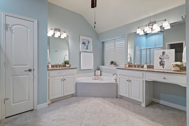 413 Sloan Creek Pkwy, Fairview, TX 75069 - full bath with a stall shower, lofted ceiling, a garden tub, two vanities, and tile patterned flooring