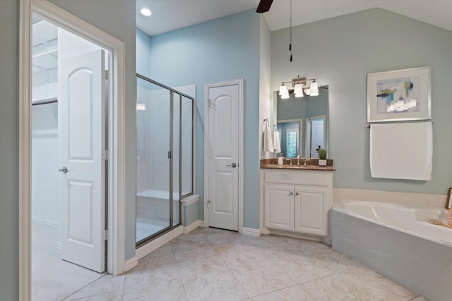 413 Sloan Creek Pkwy, Fairview, TX 75069 - full bath featuring a stall shower, a bath, vanity, vaulted ceiling, and ceiling fan