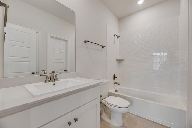 7104 Manhattan Dr, Rowlett, TX 75088 - bathroom featuring toilet, vanity, shower / bath combination, tile patterned floors, and recessed lighting