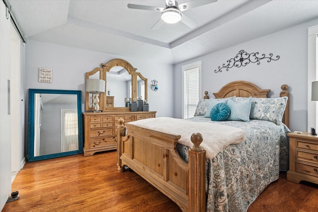 4021 Tracey Trl, Rowlett, TX 75088 - bedroom featuring a tray ceiling, multiple windows, wood finished floors, and a ceiling fan
