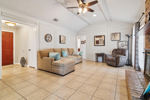 4021 Tracey Trl, Rowlett, TX 75088 - living room with light tile patterned flooring, a ceiling fan, a decorative wall, and ornamental molding