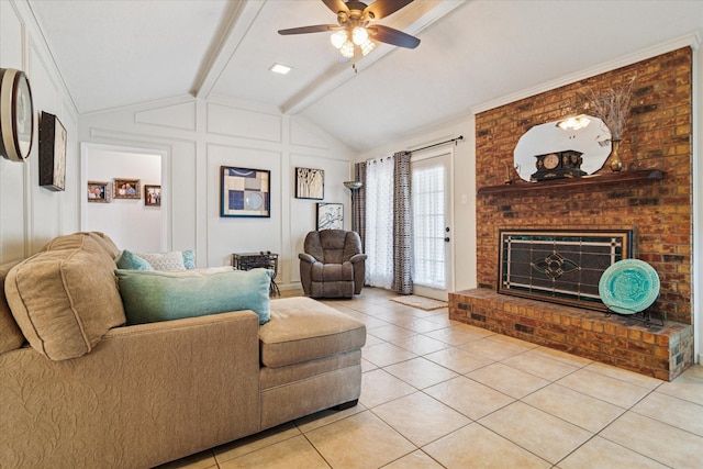 4021 Tracey Trl, Rowlett, TX 75088 - living area featuring light tile patterned flooring, ceiling fan, and a brick fireplace