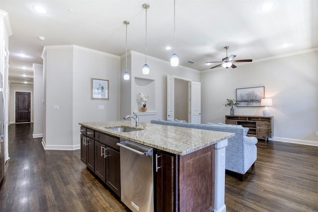 5005 Meridian Ln Unit 3102, Addison, TX 75001 - kitchen with dishwasher, a sink, baseboards, ceiling fan, and dark wood-type flooring