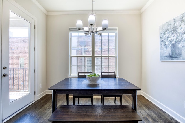 5005 Meridian Ln Unit 3102, Addison, TX 75001 - dining room featuring a chandelier, dark wood-style floors, baseboards, and ornamental molding