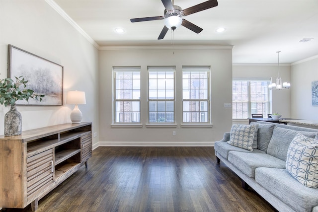 5005 Meridian Ln Unit 3102, Addison, TX 75001 - living room with dark wood finished floors, baseboards, a chandelier, a ceiling fan, and crown molding
