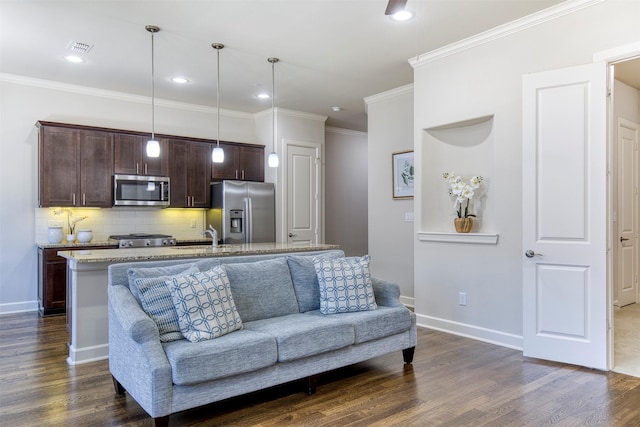 5005 Meridian Ln Unit 3102, Addison, TX 75001 - living area featuring dark wood-style floors, ornamental molding, baseboards, and recessed lighting