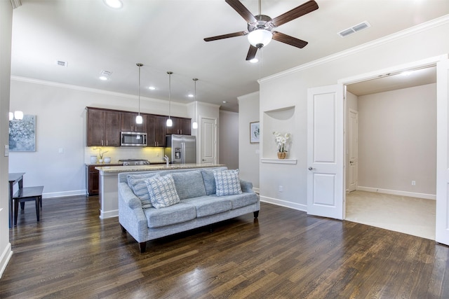 5005 Meridian Ln Unit 3102, Addison, TX 75001 - living room featuring a ceiling fan, dark wood-style floors, baseboards, recessed lighting, and crown molding