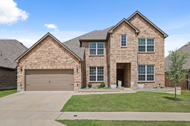 1032 Pinnacle Ridge Rd, Fort Worth, TX 76052 - view of front of property featuring brick siding, concrete driveway, a garage, a front lawn, and a shingled roof