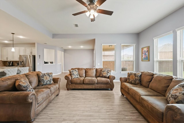 1032 Pinnacle Ridge Rd, Fort Worth, TX 76052 - living room with ceiling fan, light wood-style floors, recessed lighting, and baseboards