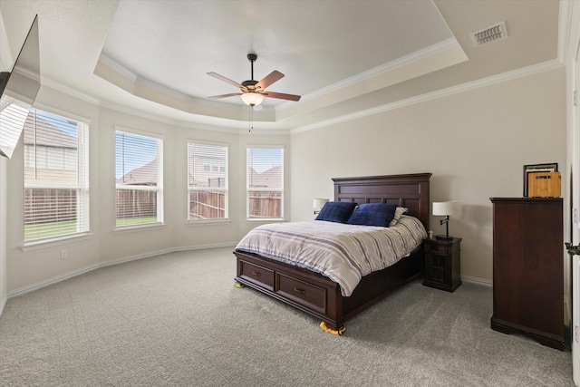 1032 Pinnacle Ridge Rd, Fort Worth, TX 76052 - carpeted bedroom with a tray ceiling, crown molding, baseboards, and ceiling fan
