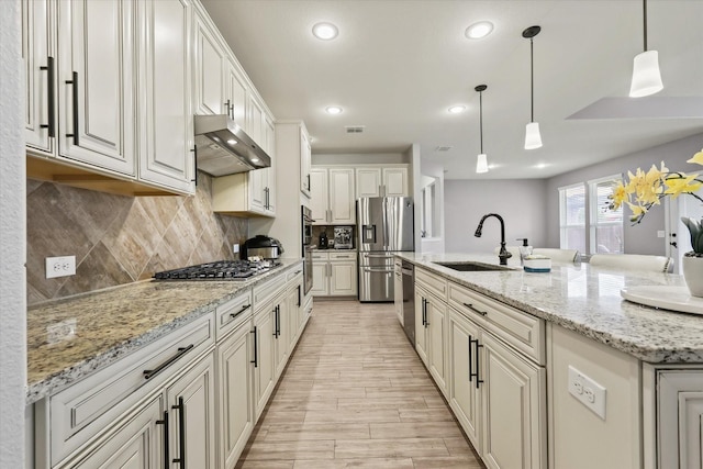 1032 Pinnacle Ridge Rd, Fort Worth, TX 76052 - kitchen featuring a sink, ventilation hood, stainless steel appliances, light wood finished floors, and tasteful backsplash
