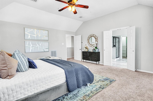 3501 Thorp Springs Dr, Plano, TX 75025 - bedroom with vaulted ceiling, carpet, baseboards, and a ceiling fan