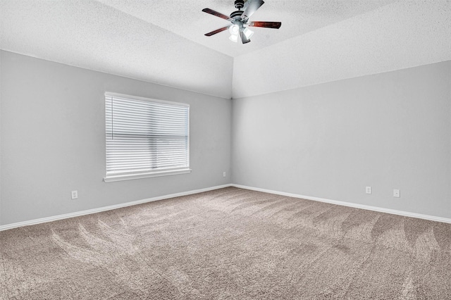 3501 Thorp Springs Dr, Plano, TX 75025 - spare room featuring carpet, ceiling fan, a textured ceiling, baseboards, and vaulted ceiling