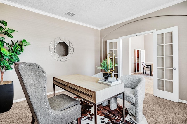 3501 Thorp Springs Dr, Plano, TX 75025 - office featuring french doors, carpet flooring, crown molding, a textured ceiling, and baseboards